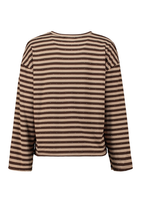 Hailys Womens Pa44vella Long Sleeve Striped Rhinestone Top JY-21133 - Beige/Cocoa Stripe