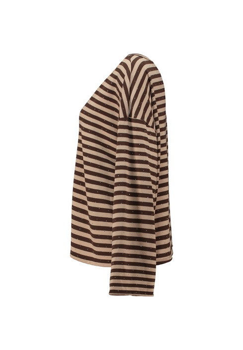 Hailys Womens Pa44vella Long Sleeve Striped Rhinestone Top JY-21133 - Beige/Cocoa Stripe