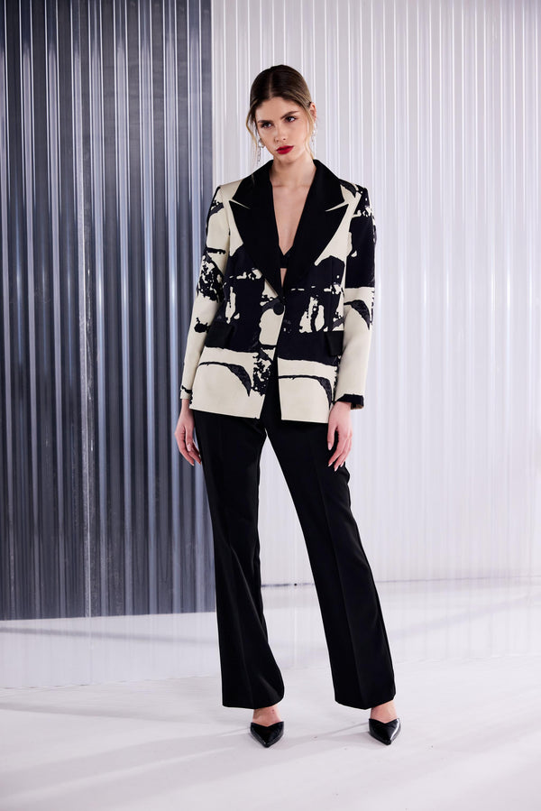 Kate Cooper Print One Button Jacket With Contrast Collar Black Champagne Luxury Occasionwear KCAW261