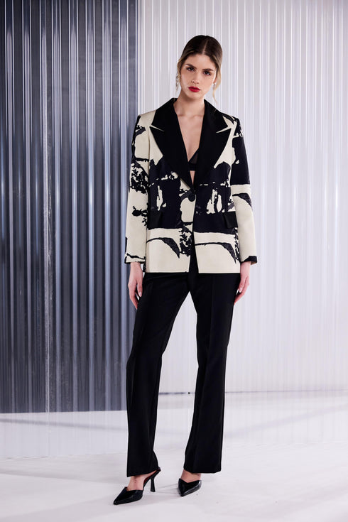Kate Cooper Print One Button Jacket With Contrast Collar Black Champagne Luxury Occasionwear KCAW261