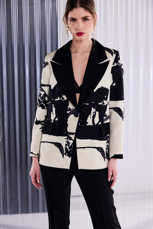 Kate Cooper Print One Button Jacket With Contrast Collar Black Champagne Luxury Occasionwear KCAW261