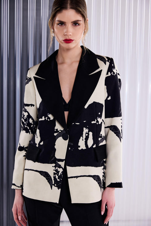 Kate Cooper Print One Button Jacket With Contrast Collar Black Champagne Luxury Occasionwear KCAW261