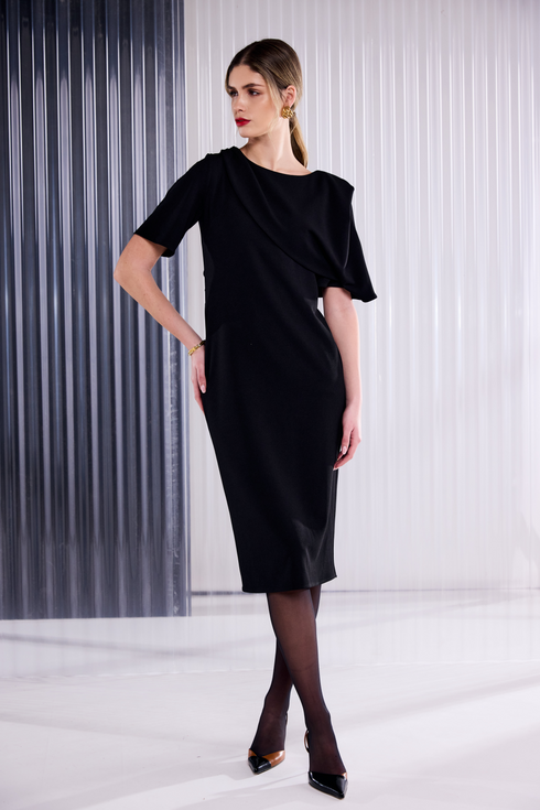Kate Cooper Shawl Neckline Dress With Short Sleeve Black Champagne Luxury Occasionwear KCAW26102