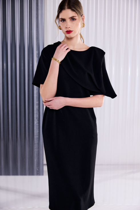 Kate Cooper Shawl Neckline Dress With Short Sleeve Black Champagne Luxury Occasionwear KCAW26102