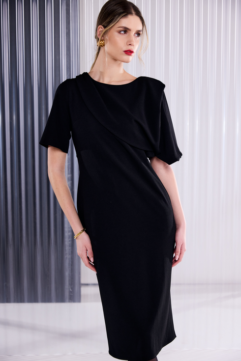 Kate Cooper Shawl Neckline Dress With Short Sleeve Black Champagne Luxury Occasionwear KCAW26102