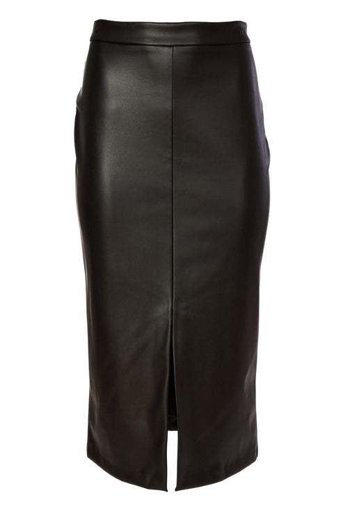 Kate Cooper Leatherette Straight Skirt With Front Slit Black Luxury Faux Leather Pencil Skirt KCAW26