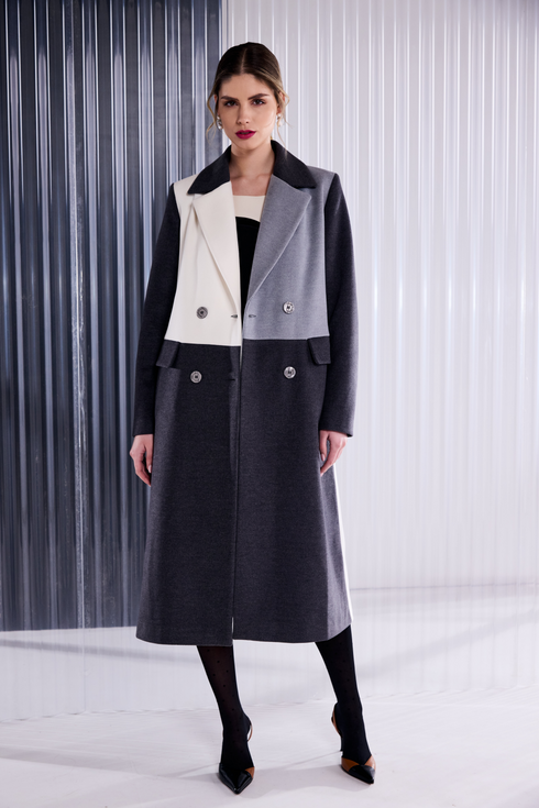 Kate Cooper Cream & Silver Block Colour Wool Mix Coat KCAW26117