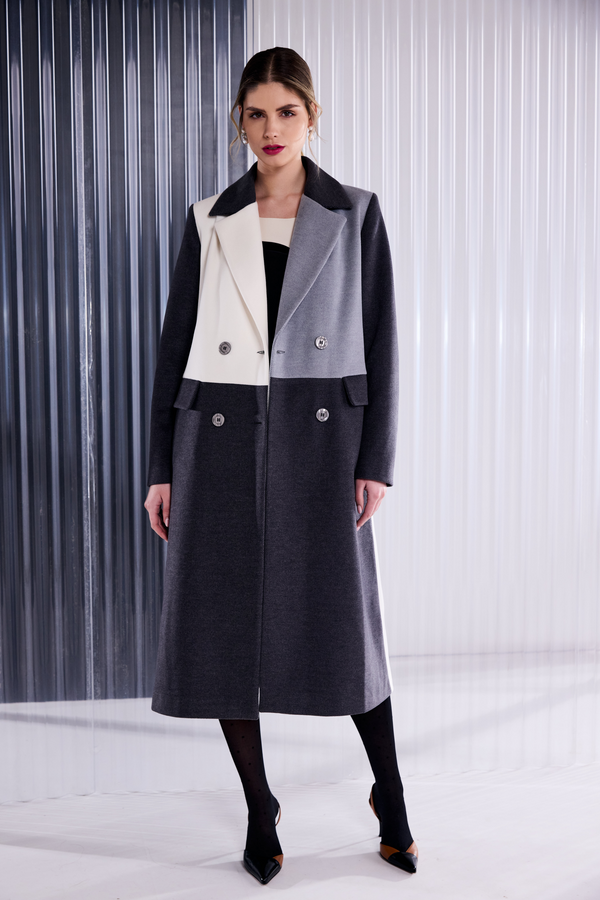 Kate Cooper Cream & Silver Block Colour Wool Mix Coat KCAW26117