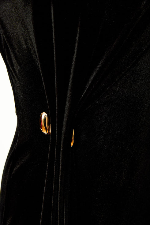 Kate Cooper Velvet Dress With Pleated Detail at Side With Trim in Chocolate KCAW26126