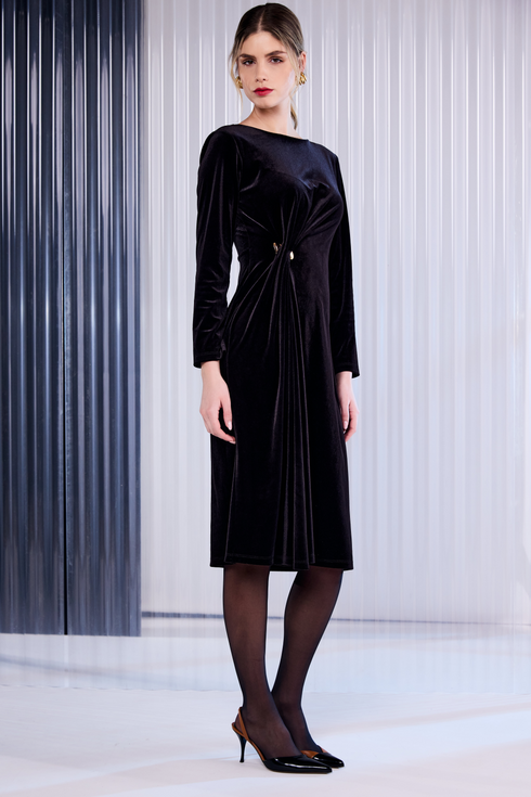 Kate Cooper Velvet Dress With Pleated Detail at Side With Trim in Chocolate KCAW26126