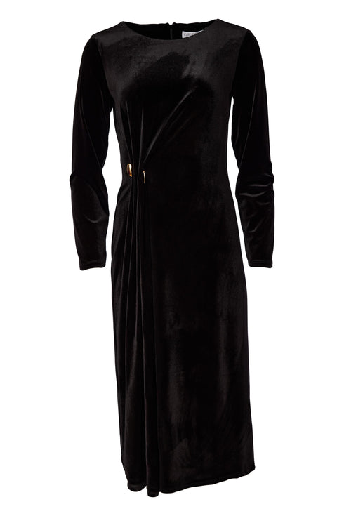 Kate Cooper Velvet Dress With Pleated Detail at Side With Trim in Chocolate KCAW26126