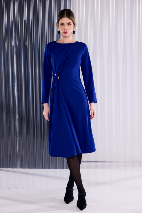 Kate Cooper Round Neck Plain Dress With Pleated Detail with Side With Trim in True Blue KCAW26127
