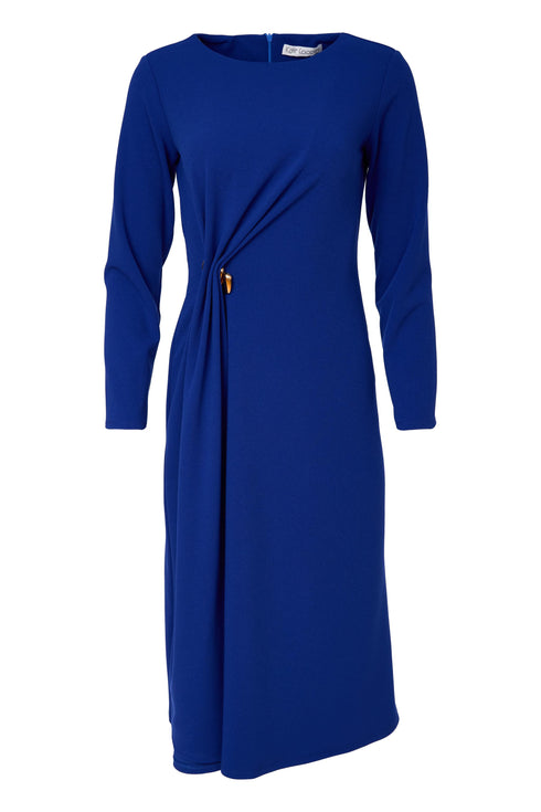 Kate Cooper Round Neck Plain Dress With Pleated Detail with Side With Trim in True Blue KCAW26127