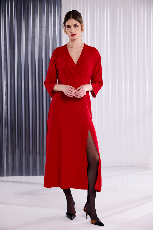 Kate Cooper Wrap Over Flared Dress With Slit in Red KCAW26131