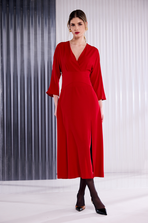 Kate Cooper Wrap Over Flared Dress With Slit in Red KCAW26131