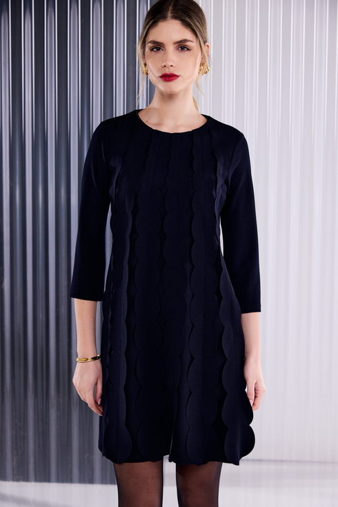 Kate Cooper Round Neck Dress with Scallop Front - In Black KCAW26135