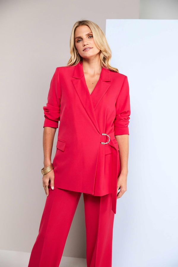 Kate Cooper V-Neck Wrap Jacket with Side Buckle Detail – Poppy Red – KCS26116