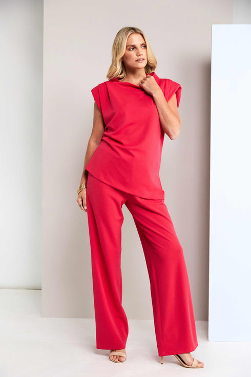 Kate Cooper Ruched Funnel Neck Top with Pleat Detail – Poppy Red – KCS26121