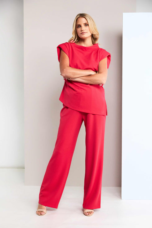 Kate Cooper Ruched Funnel Neck Top with Pleat Detail – Poppy Red – KCS26121