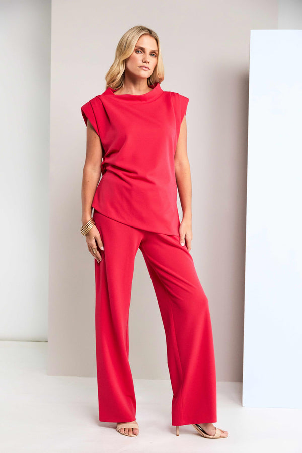 Kate Cooper Ruched Funnel Neck Top with Pleat Detail – Poppy Red – KCS26121