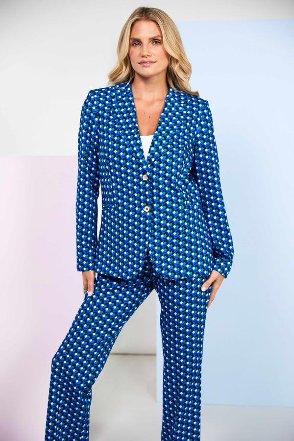 Kate Cooper Single Breasted Geometric Print Blazer – Dazzling Blue – KCS26125
