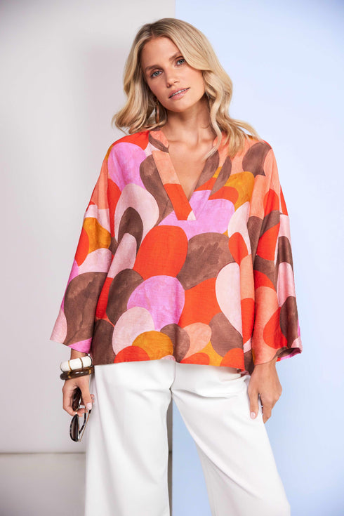 Kate Cooper V-Neck Bracelet Sleeve Blouse in Semi-Circle Print – Strawberry Cream – KCS26130