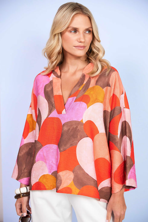 Kate Cooper V-Neck Bracelet Sleeve Blouse in Semi-Circle Print – Strawberry Cream – KCS26130