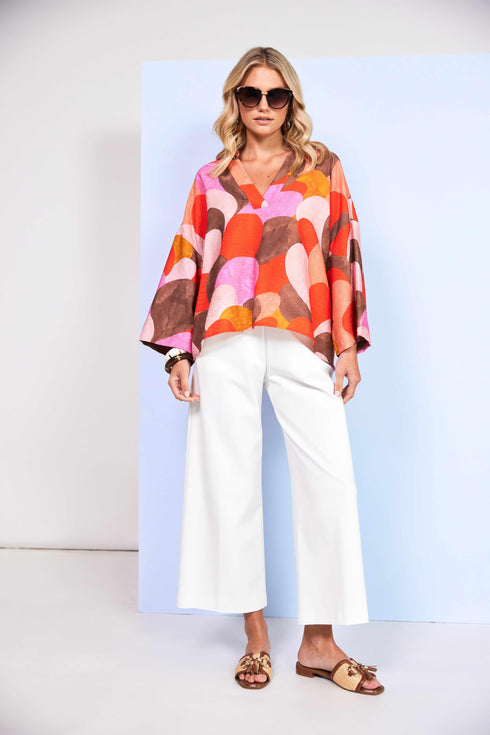 Kate Cooper V-Neck Bracelet Sleeve Blouse in Semi-Circle Print – Strawberry Cream – KCS26130