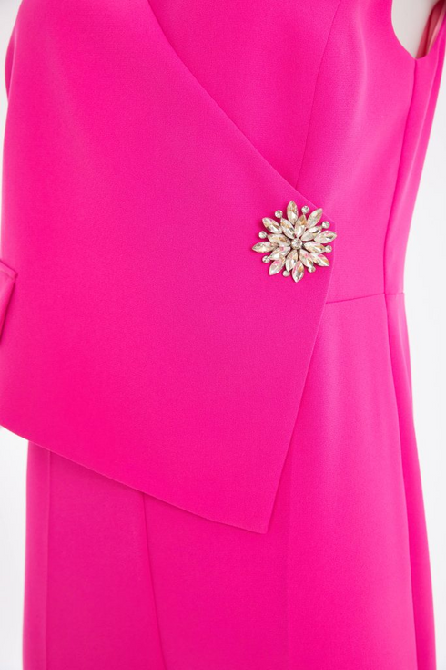 Kate Cooper Women's Hot Pink Wide-Leg Jumpsuit – Waistcoat Style Wrap Top with Jewelled Pin KCS26148