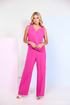 Kate Cooper Women's Hot Pink Wide-Leg Jumpsuit – Waistcoat Style Wrap Top with Jewelled Pin KCS26148