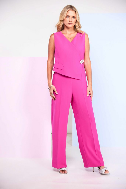 Kate Cooper Women's Hot Pink Wide-Leg Jumpsuit – Waistcoat Style Wrap Top with Jewelled Pin KCS26148