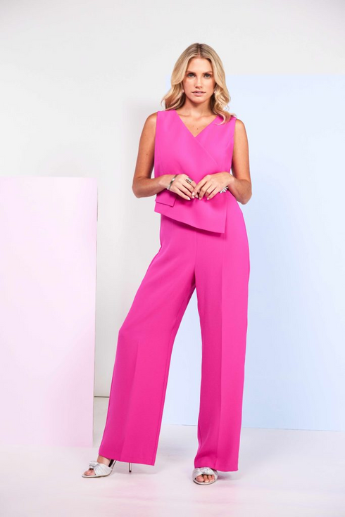 Kate Cooper Women's Hot Pink Wide-Leg Jumpsuit – Waistcoat Style Wrap Top with Jewelled Pin KCS26148