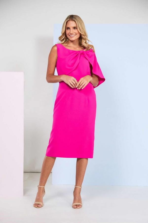 Kate Cooper Women's Hot Pink Cape Dress – Sleeveless Shift with Pleated Bow Detail KCS26155