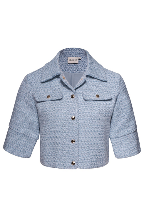 Kimara Fashion Women's Ciel Blue Sonja Tweed Jacket – Mid-Sleeve Cropped Blazer