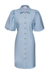 Kimara Fashion Women's Light Blue Denim Nika Dress – Gold Snap Detail with Puff Sleeves