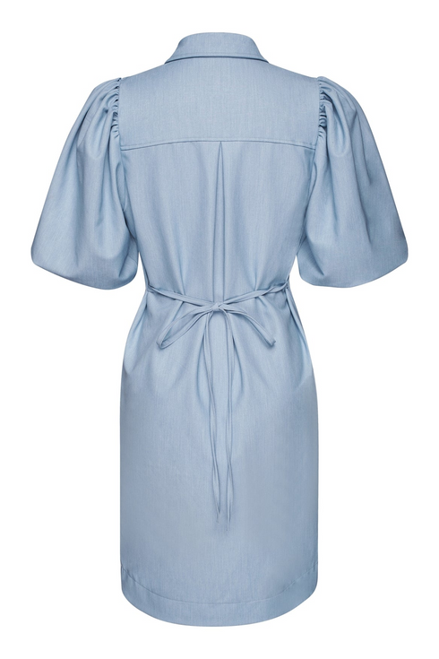 Kimara Fashion Women's Light Blue Denim Nika Dress – Gold Snap Detail with Puff Sleeves