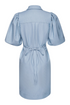 Kimara Fashion Women's Light Blue Denim Nika Dress – Gold Snap Detail with Puff Sleeves