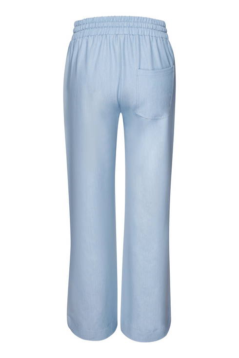 Kimara Fashion Women's Light Blue Denim Lyan Wide-Leg Trousers – Shimmer Finish with Drawstring Wais