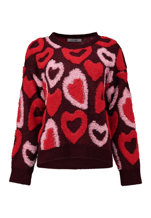 Hailys Ma44rnine Heart Pattern Crew Neck Knit Jumper KST-65032 - Dark Cherry/Red