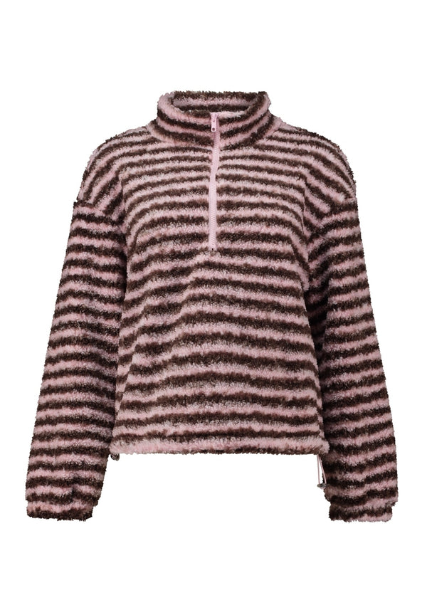 Hailys Ma44illin Long Sleeve Striped 1/4 Zip Fleece Top LA-2601073 - Cocoa Brown / Rose Stripe