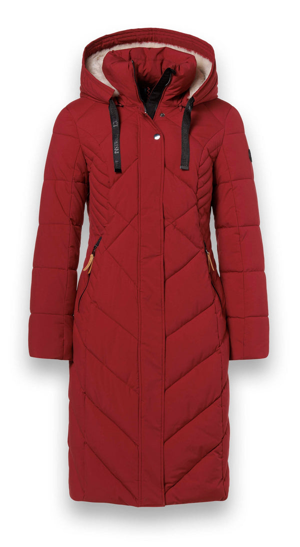 District Corvara Long Quilted Coat with Faux Fur Hood – Red Pepper