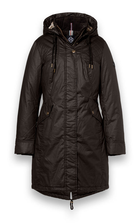 District Kitzbuhl Long Wax-Look Parka with Faux Fur Hood – Dark Brown