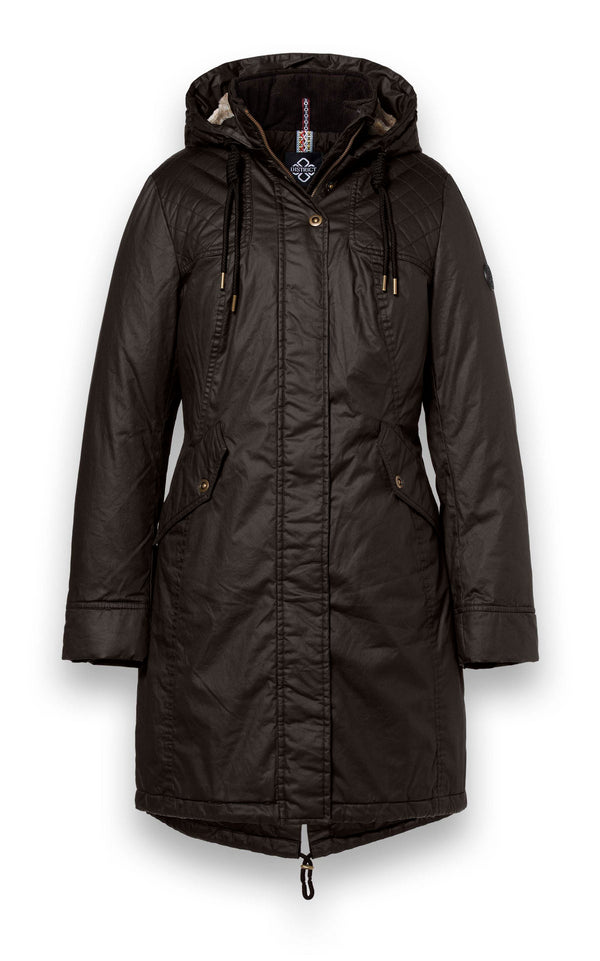 District Kitzbuhl Long Wax-Look Parka with Faux Fur Hood – Dark Brown