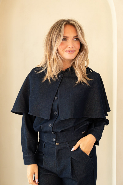 Kimara Lonne Cape Detail Denim Blue Jacket LONNE - Denim Blue