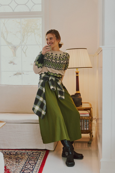 Freequent FQESFENNY Crinkled A-Line Midi Skirt 211795 Calliste Green