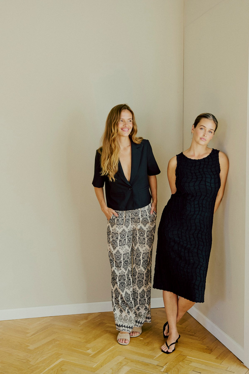 Freequent JONY Pants Beige and Black Patterned Wide Leg 208020