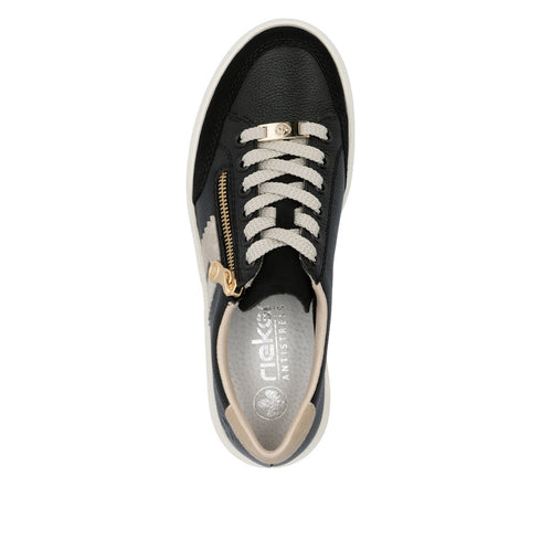 Rieker Women's Black & Gold M1912-00 Lightweight Wedge Sneakers with Side Zip