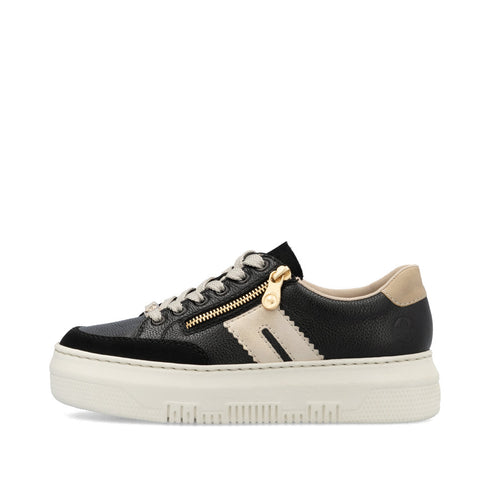 Rieker Women's Black & Gold M1912-00 Lightweight Wedge Sneakers with Side Zip