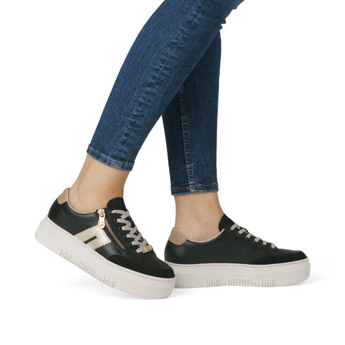 Rieker Women's Black & Gold M1912-00 Lightweight Wedge Sneakers with Side Zip