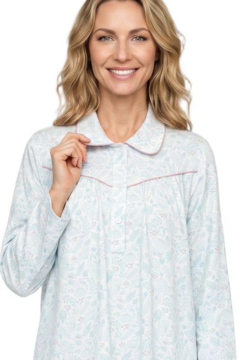Marlon Womens Eleanor Cotton Wincey 40" Length Nightdress MA48991 BLU - Blue
